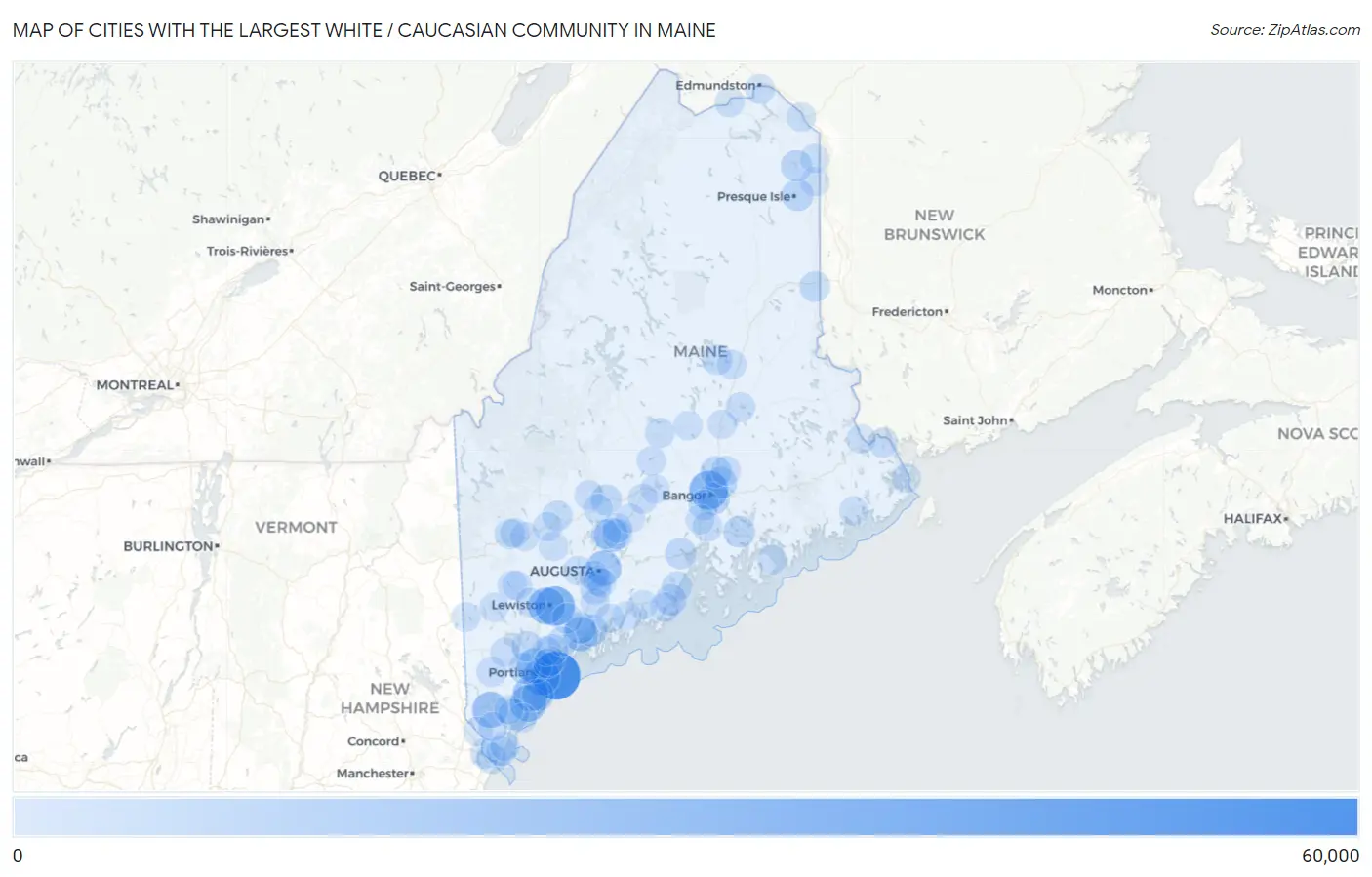 Cities with the Largest White / Caucasian Community in Maine Map