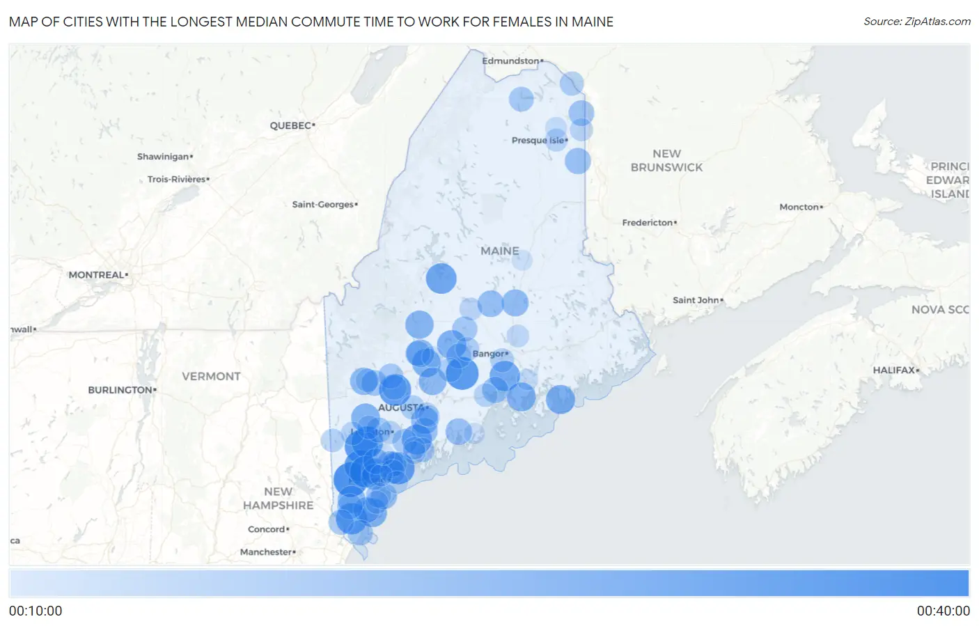Cities with the Longest Median Commute Time to Work for Females in Maine Map