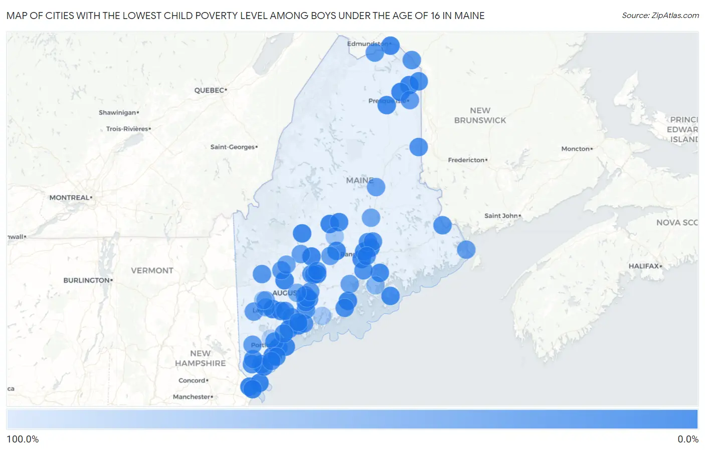 Cities with the Lowest Child Poverty Level Among Boys Under the Age of 16 in Maine Map