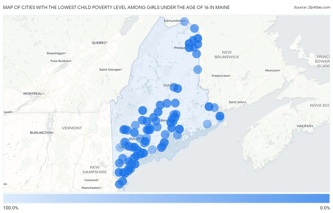 Cities with the Lowest Child Poverty Level Among Girls Under the Age of 16 in Maine Map