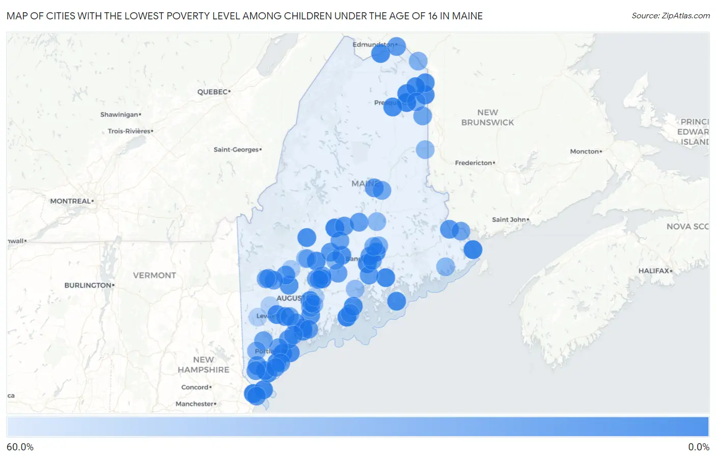 Cities with the Lowest Poverty Level Among Children Under the Age of 16 in Maine Map