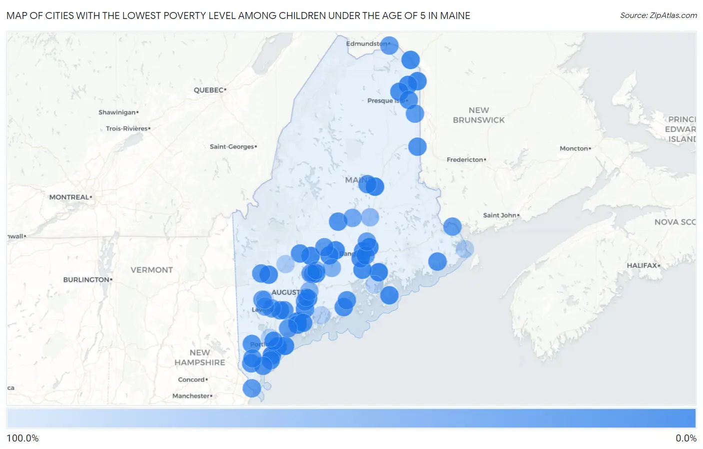 Cities with the Lowest Poverty Level Among Children Under the Age of 5 in Maine Map