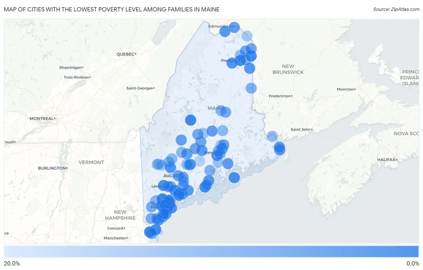 Cities with the Lowest Poverty Level Among Families in Maine Map