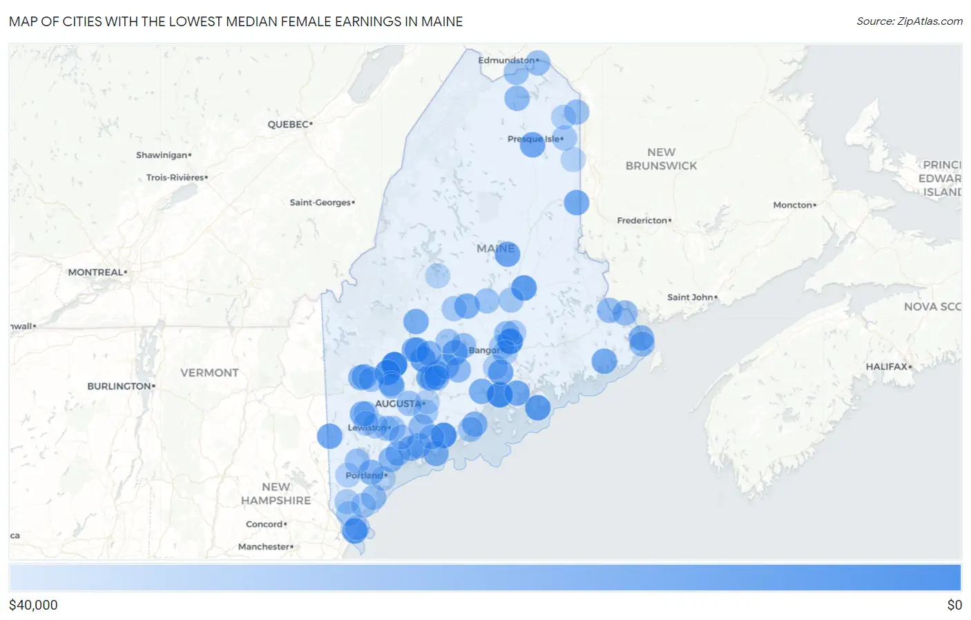 Cities with the Lowest Median Female Earnings in Maine Map