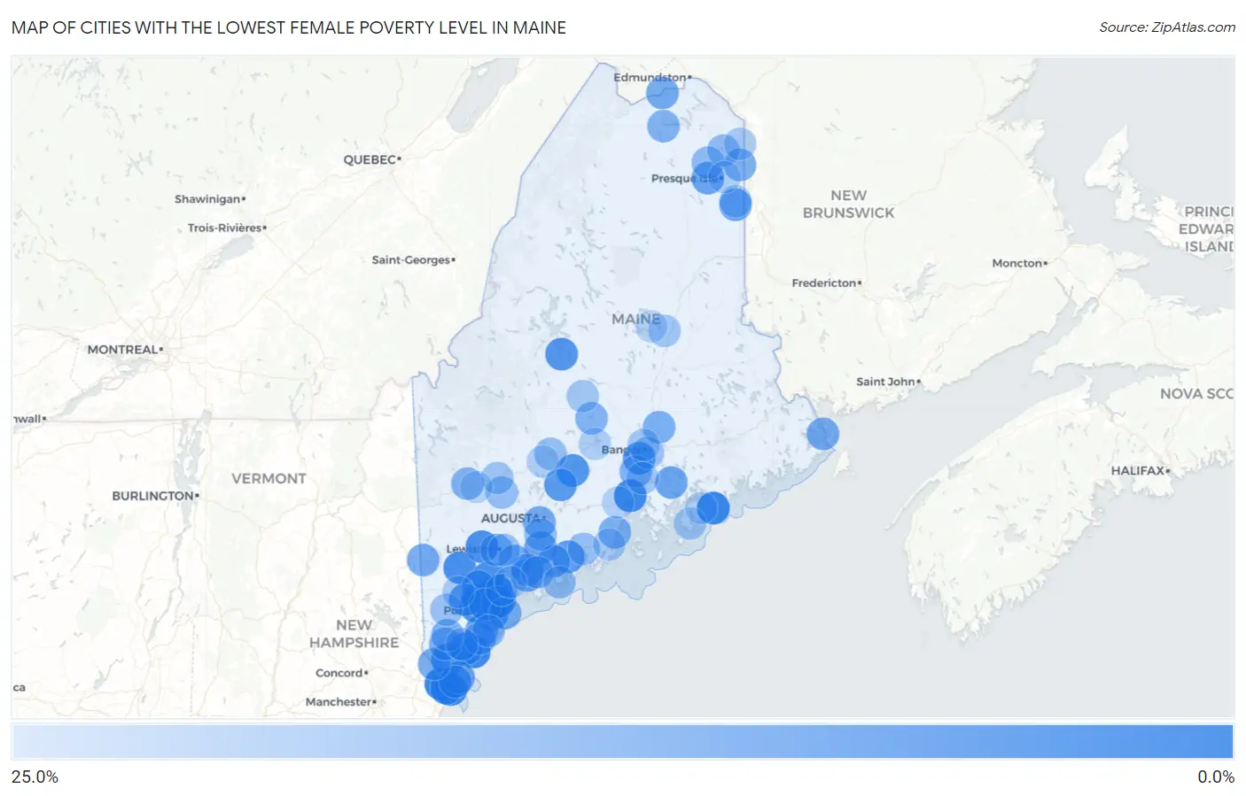 Cities with the Lowest Female Poverty Level in Maine Map