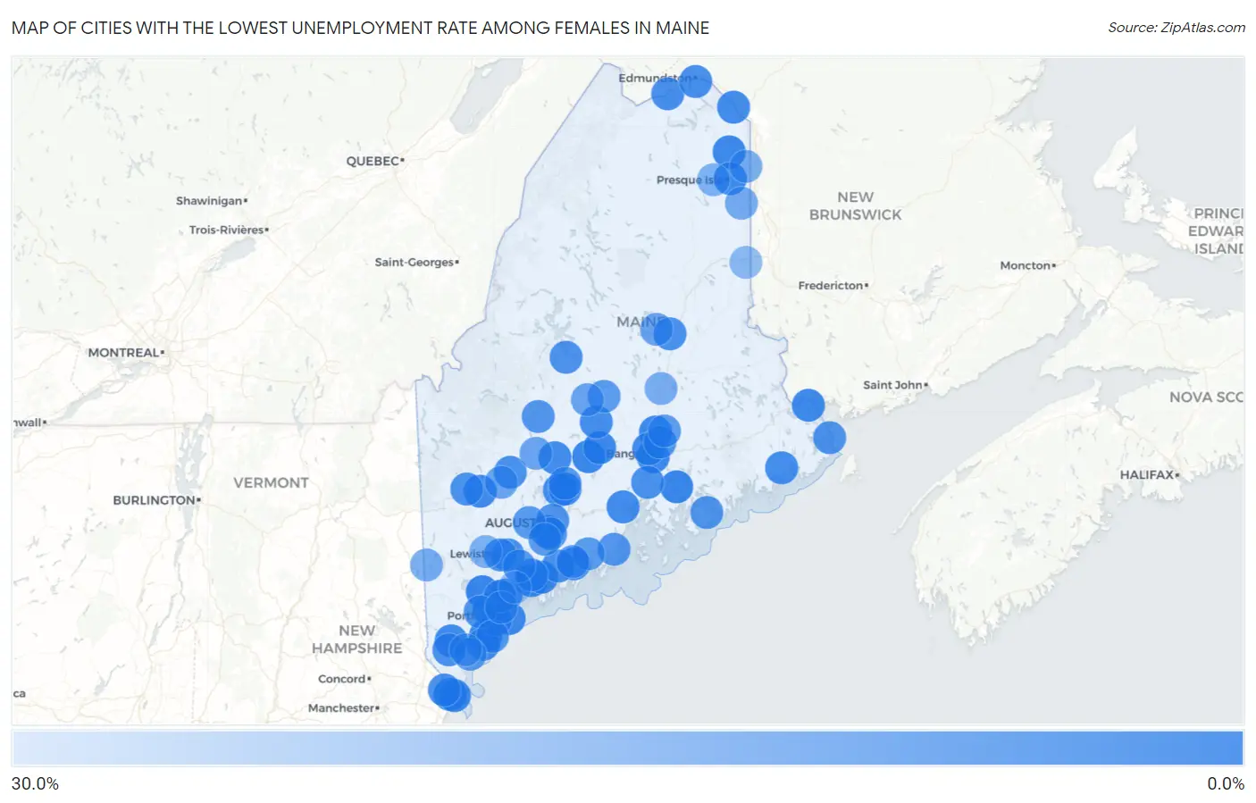Cities with the Lowest Unemployment Rate Among Females in Maine Map