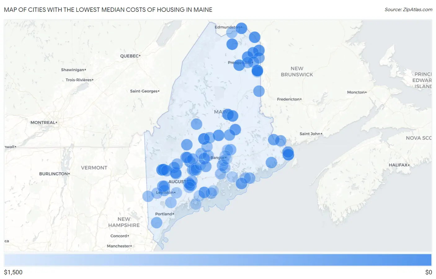 Cities with the Lowest Median Costs of Housing in Maine Map