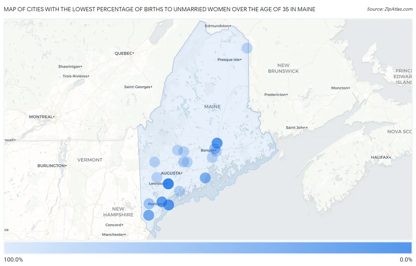 Cities with the Lowest Percentage of Births to Unmarried Women over the Age of 35 in Maine Map