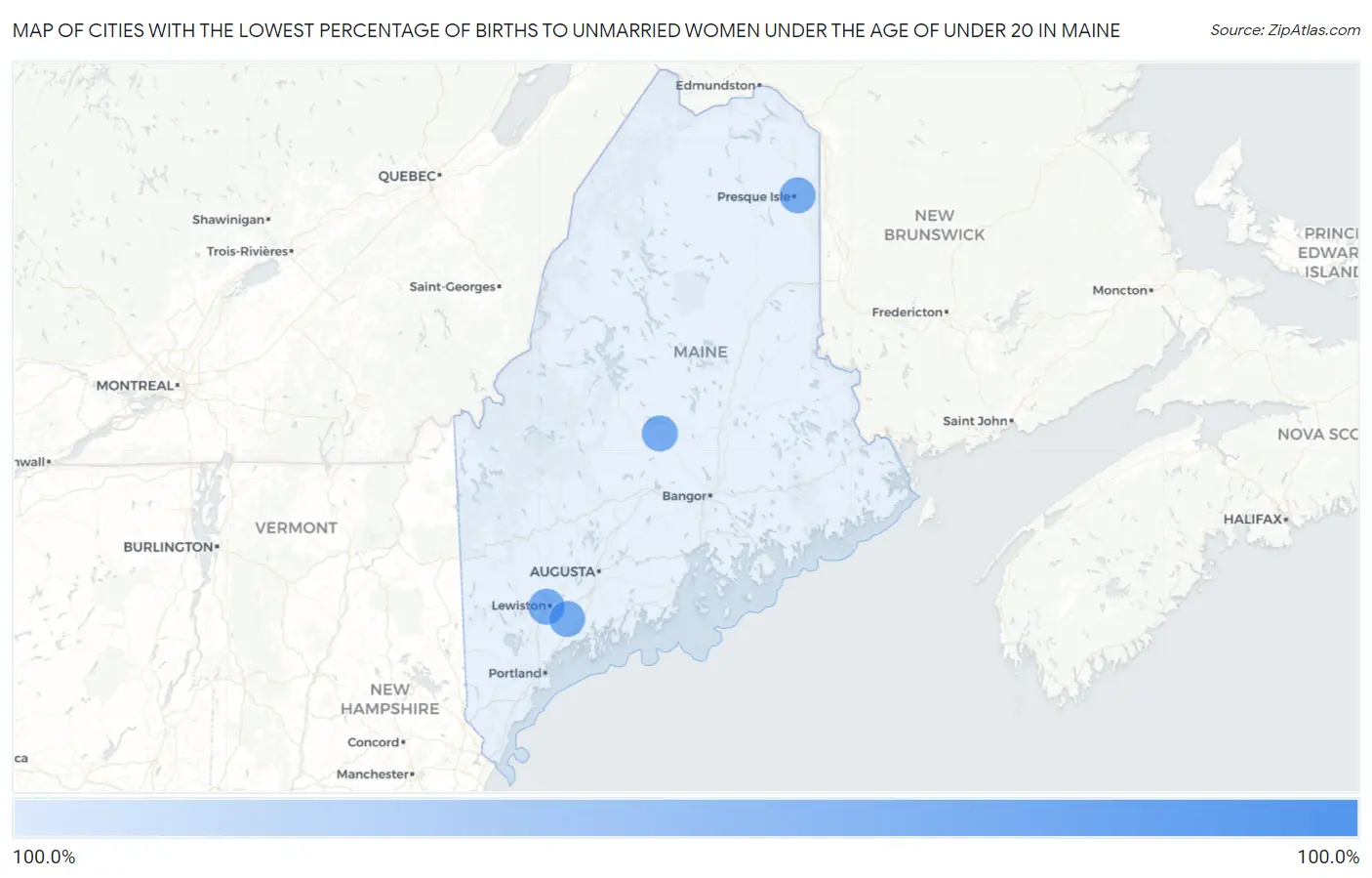 Cities with the Lowest Percentage of Births to Unmarried Women under the Age of under 20 in Maine Map