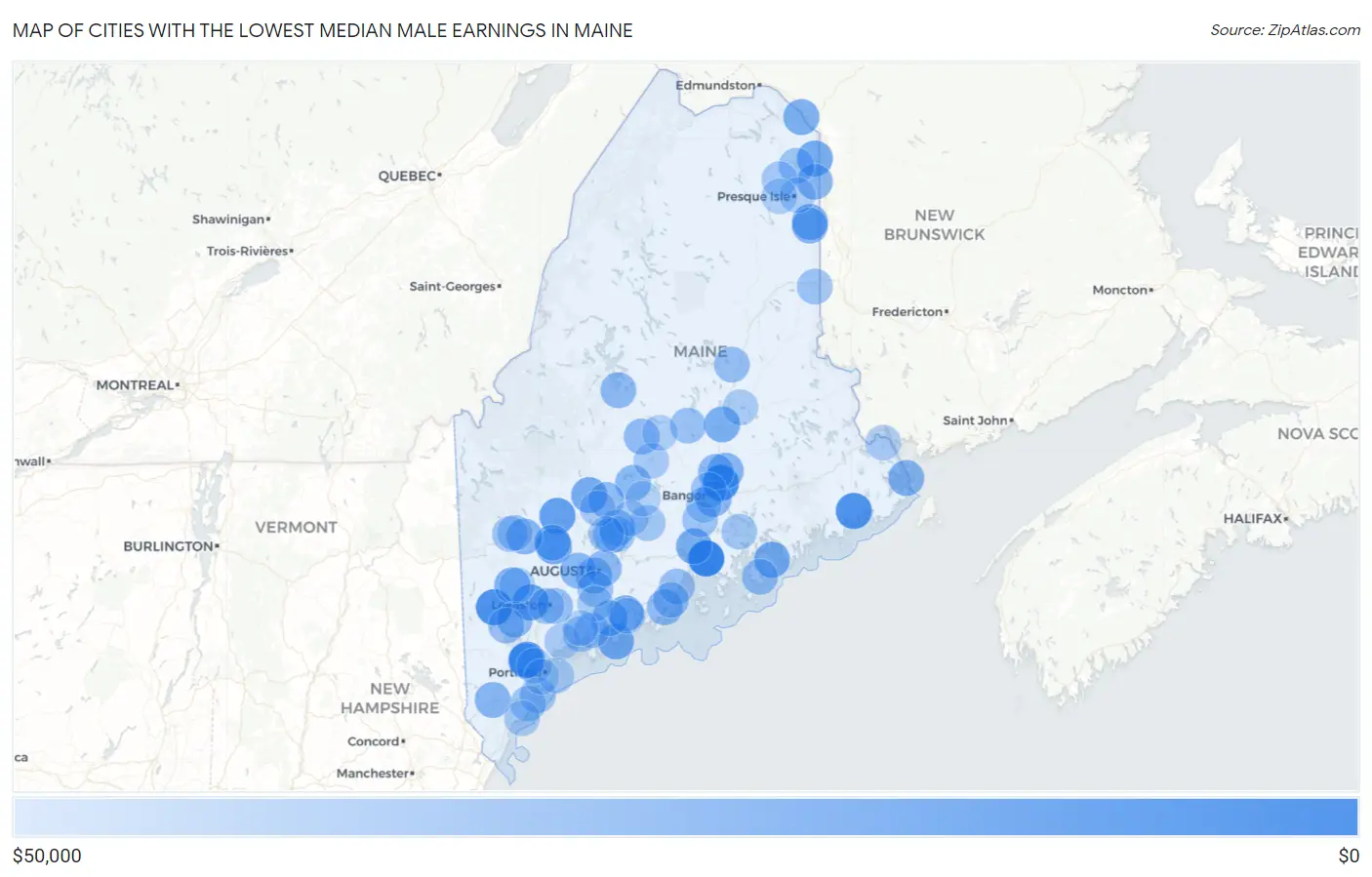 Cities with the Lowest Median Male Earnings in Maine Map