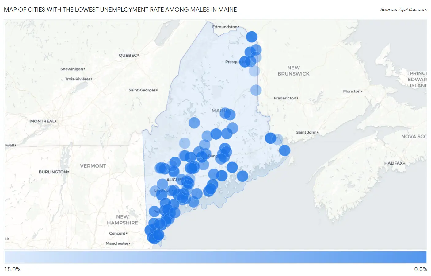 Cities with the Lowest Unemployment Rate Among Males in Maine Map