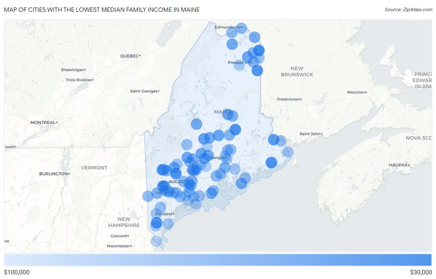 Cities with the Lowest Median Family Income in Maine Map