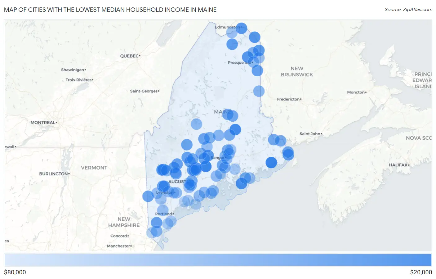 Cities with the Lowest Median Household Income in Maine Map