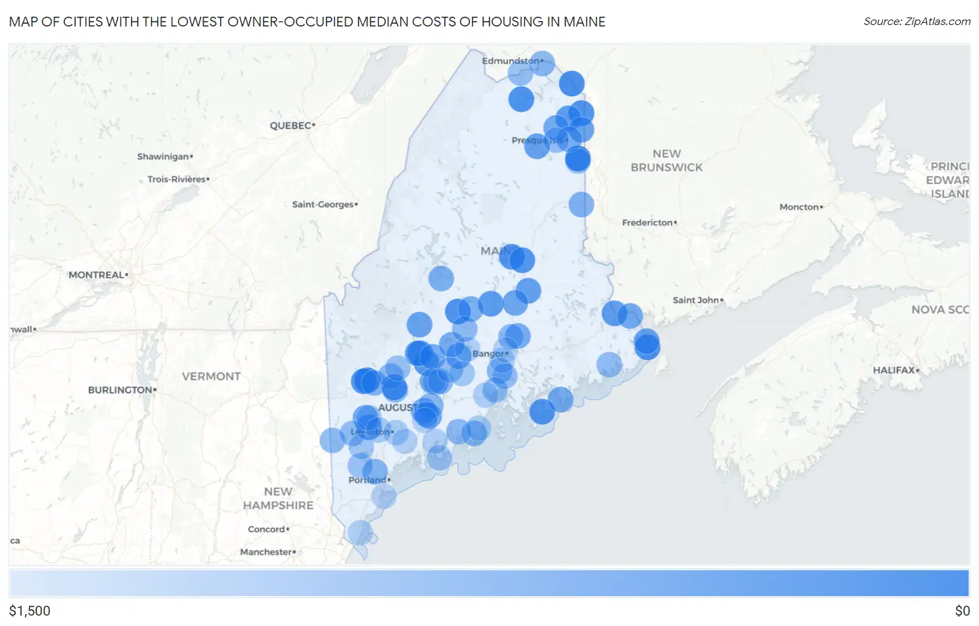 Cities with the Lowest Owner-Occupied Median Costs of Housing in Maine Map
