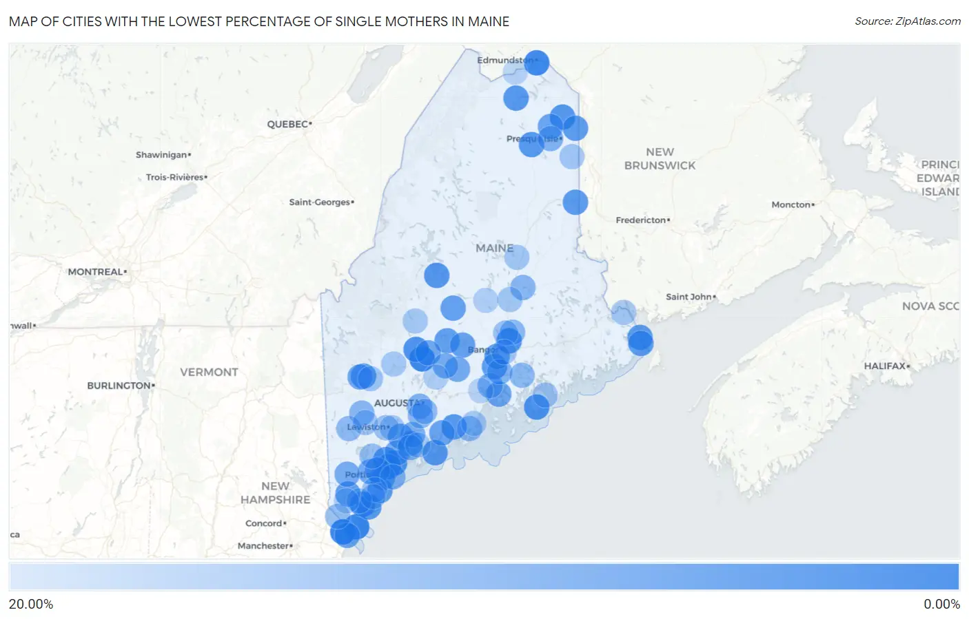 Cities with the Lowest Percentage of Single Mothers in Maine Map