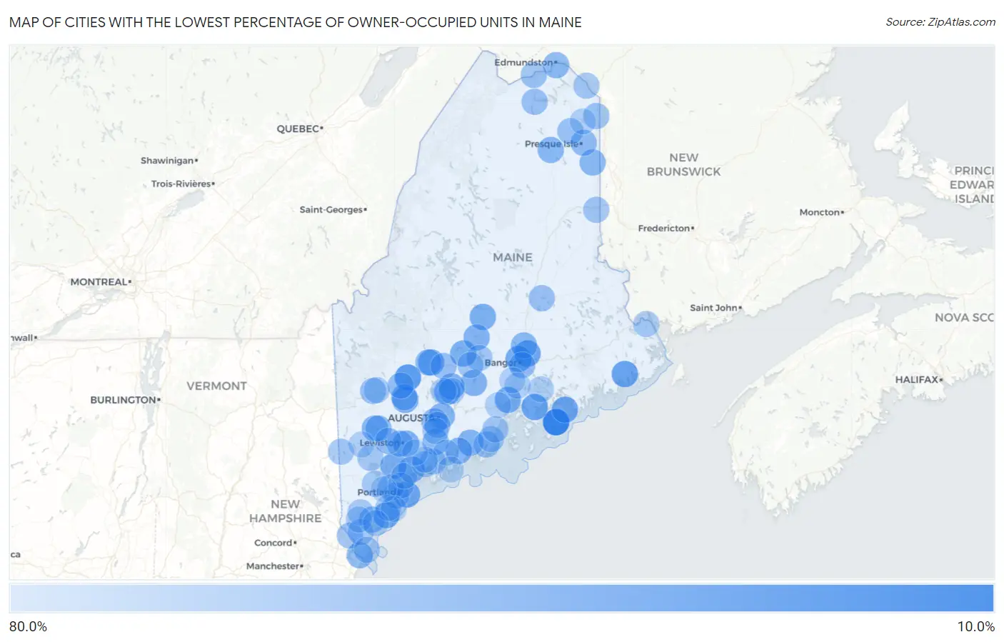 Cities with the Lowest Percentage of Owner-Occupied Units in Maine Map