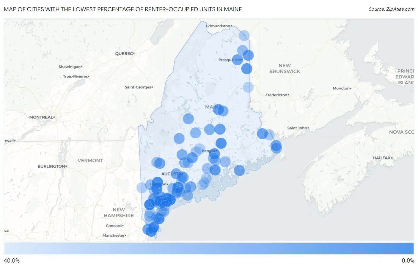 Cities with the Lowest Percentage of Renter-Occupied Units in Maine Map