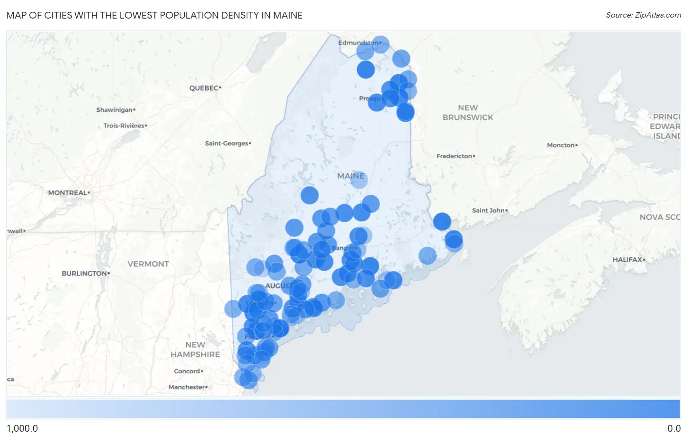 Cities with the Lowest Population Density in Maine Map