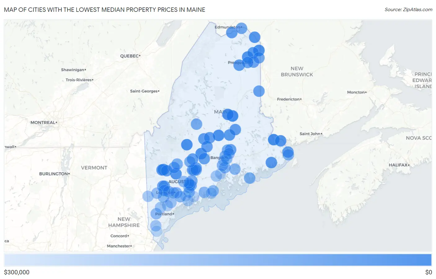Cities with the Lowest Median Property Prices in Maine Map