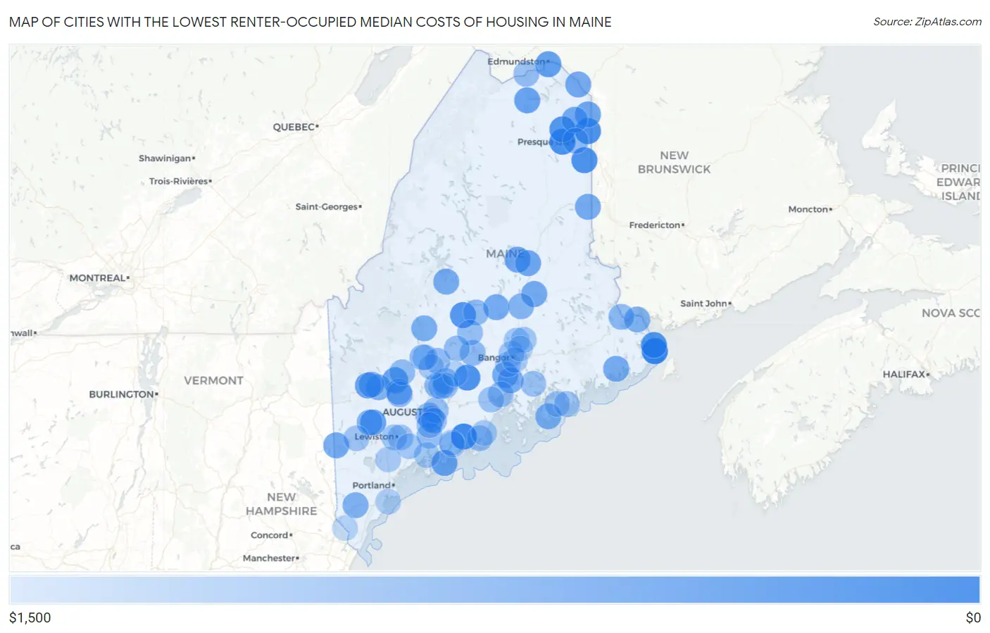 Cities with the Lowest Renter-Occupied Median Costs of Housing in Maine Map
