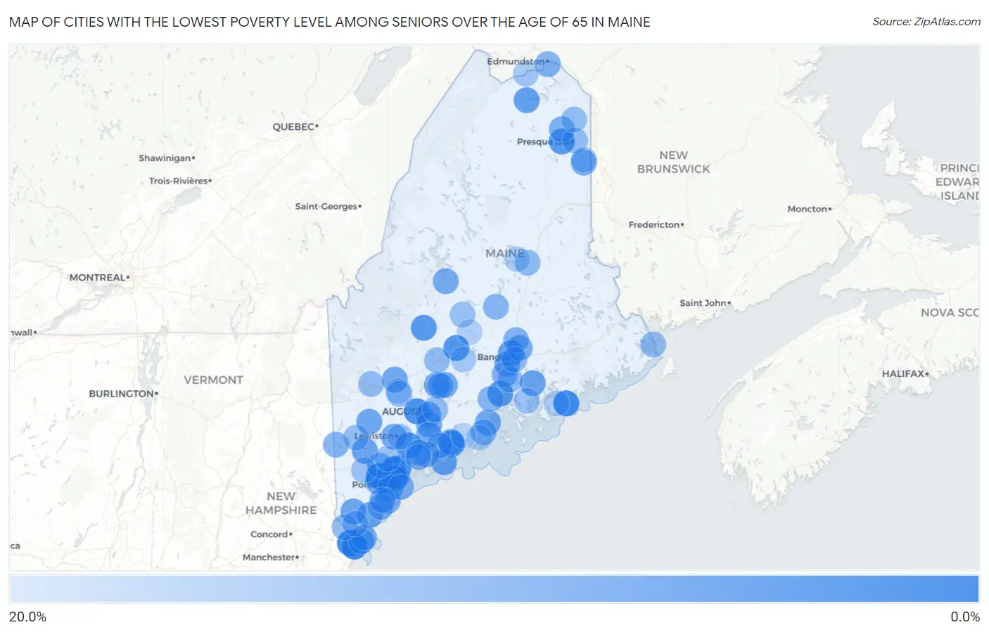 Cities with the Lowest Poverty Level Among Seniors Over the Age of 65 in Maine Map