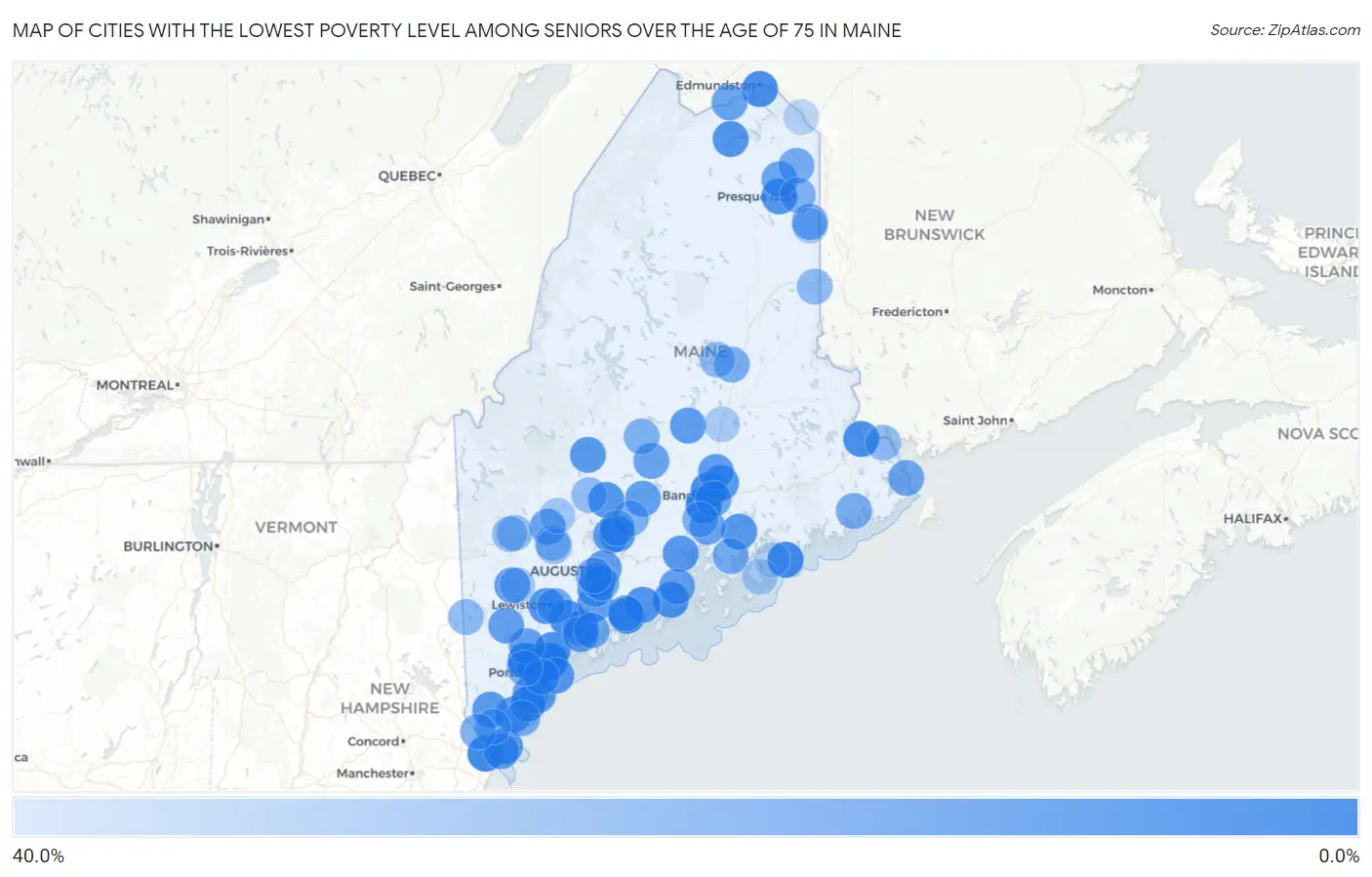 Cities with the Lowest Poverty Level Among Seniors Over the Age of 75 in Maine Map