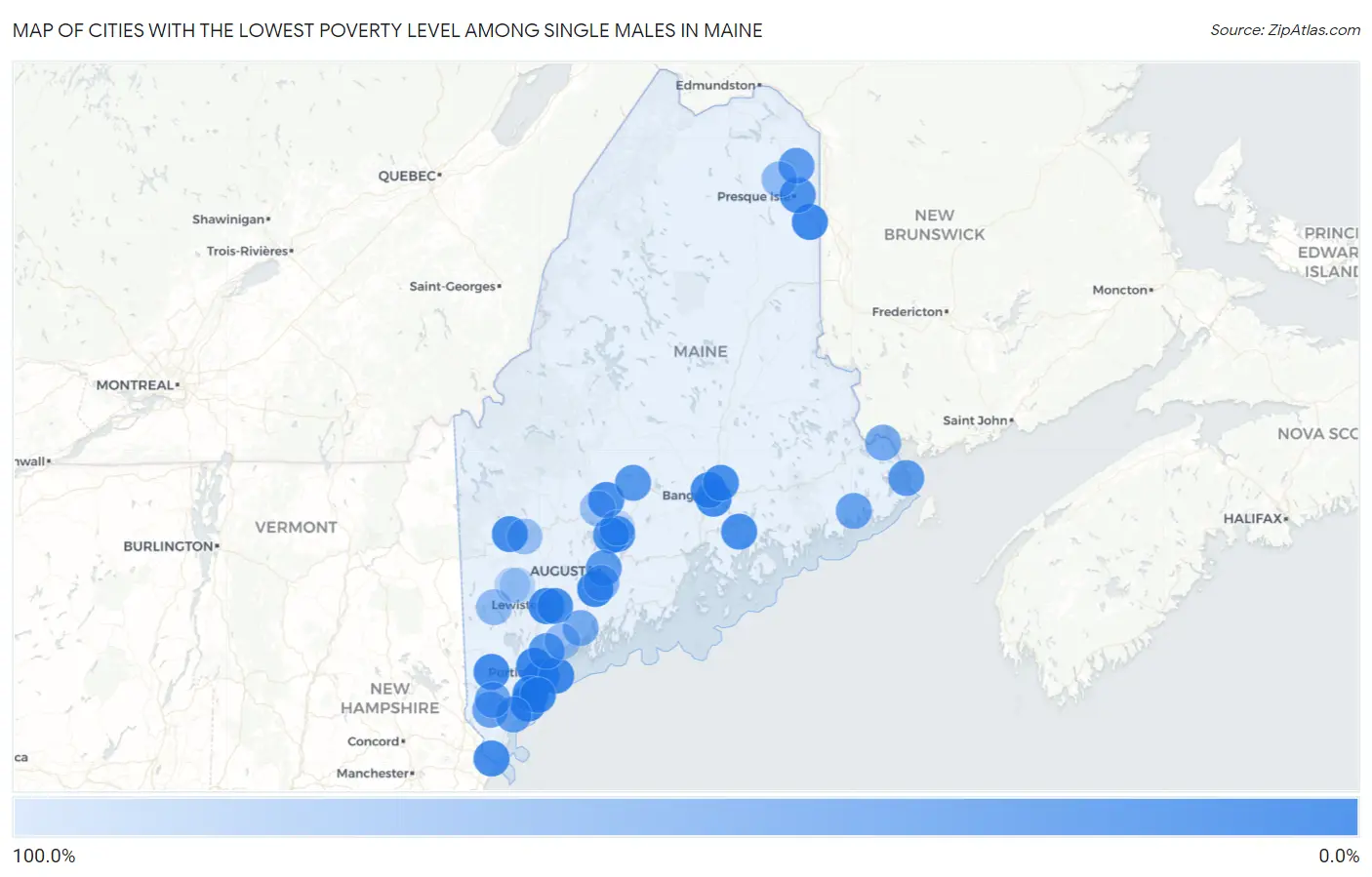 Cities with the Lowest Poverty Level Among Single Males in Maine Map