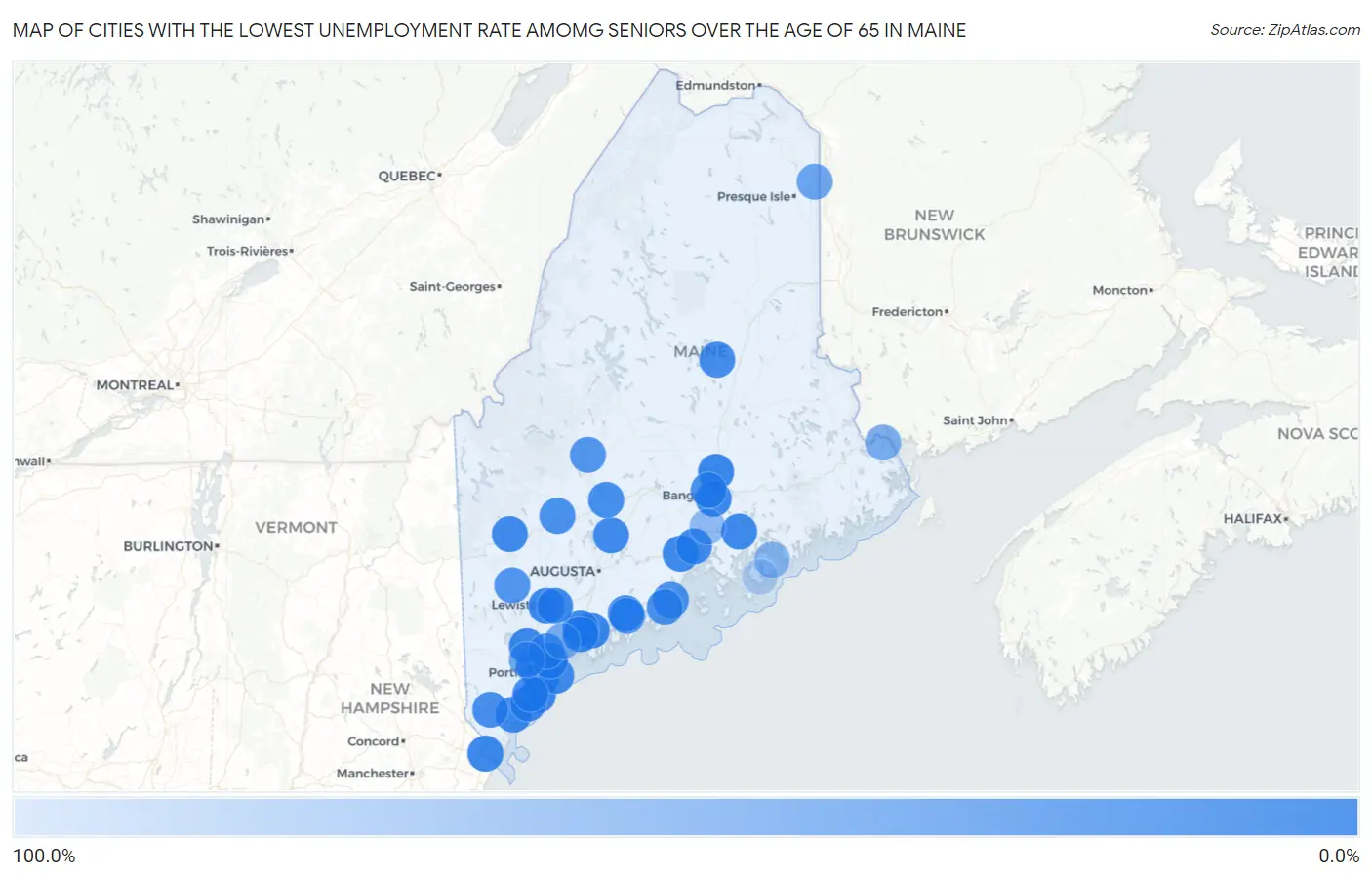 Cities with the Lowest Unemployment Rate Amomg Seniors Over the Age of 65 in Maine Map