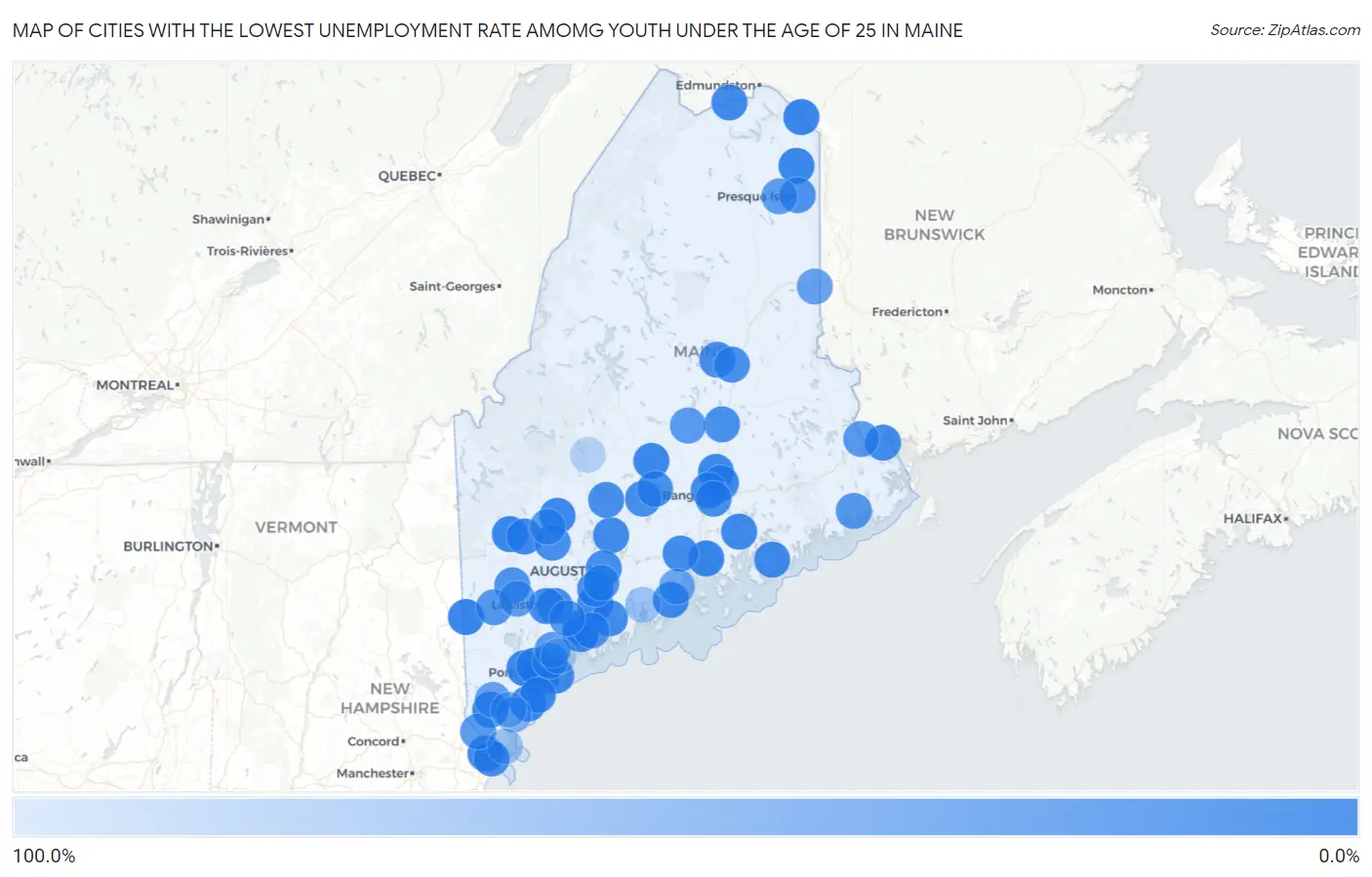 Cities with the Lowest Unemployment Rate Amomg Youth Under the Age of 25 in Maine Map