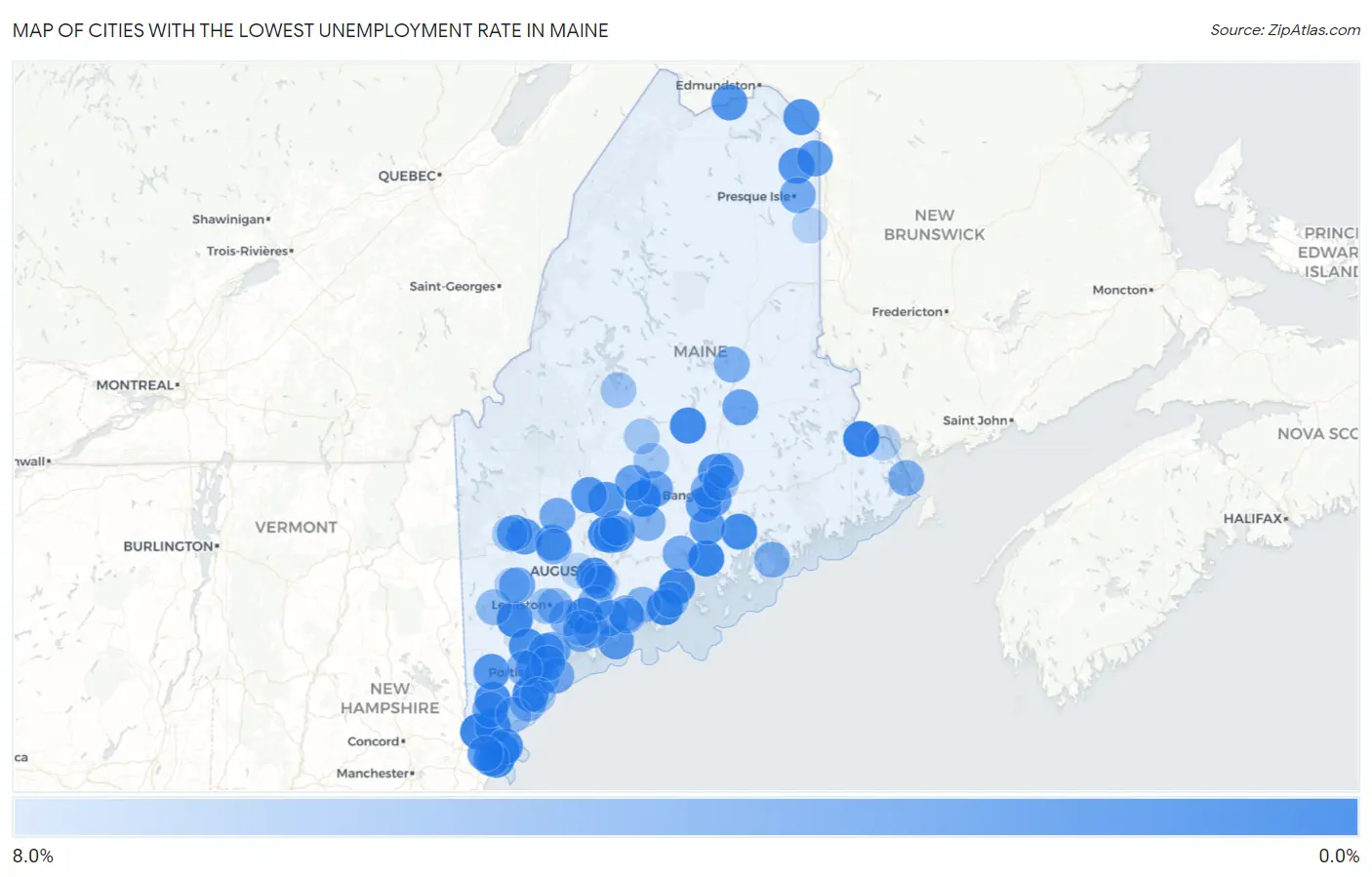 Cities with the Lowest Unemployment Rate in Maine Map