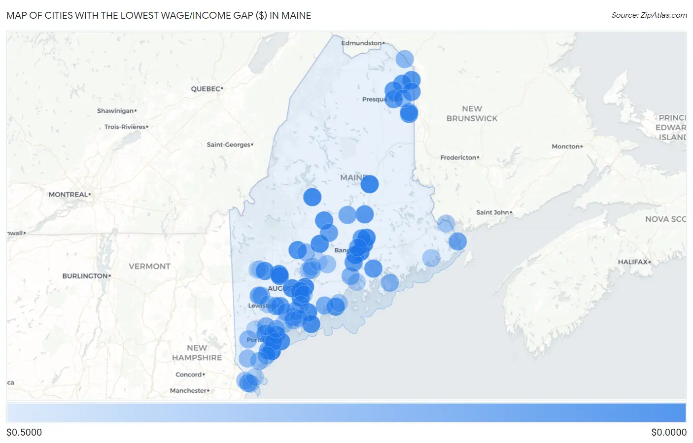 Cities with the Lowest Wage/Income Gap ($) in Maine Map