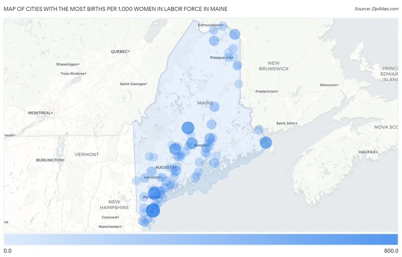 Cities with the Most Births per 1,000 Women in Labor Force in Maine Map