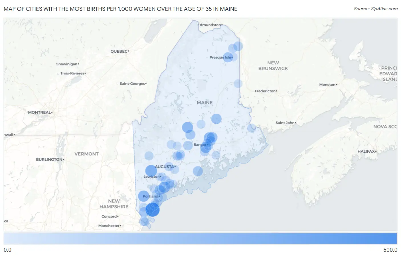 Cities with the Most Births per 1,000 Women Over the Age of 35 in Maine Map