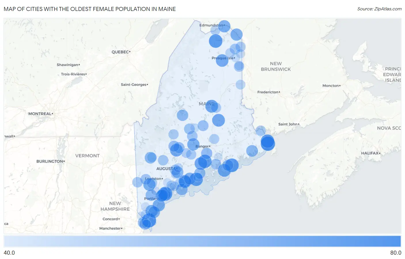 Cities with the Oldest Female Population in Maine Map