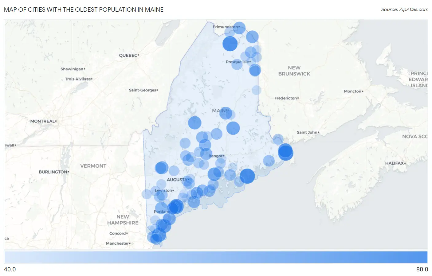 Cities with the Oldest Population in Maine Map