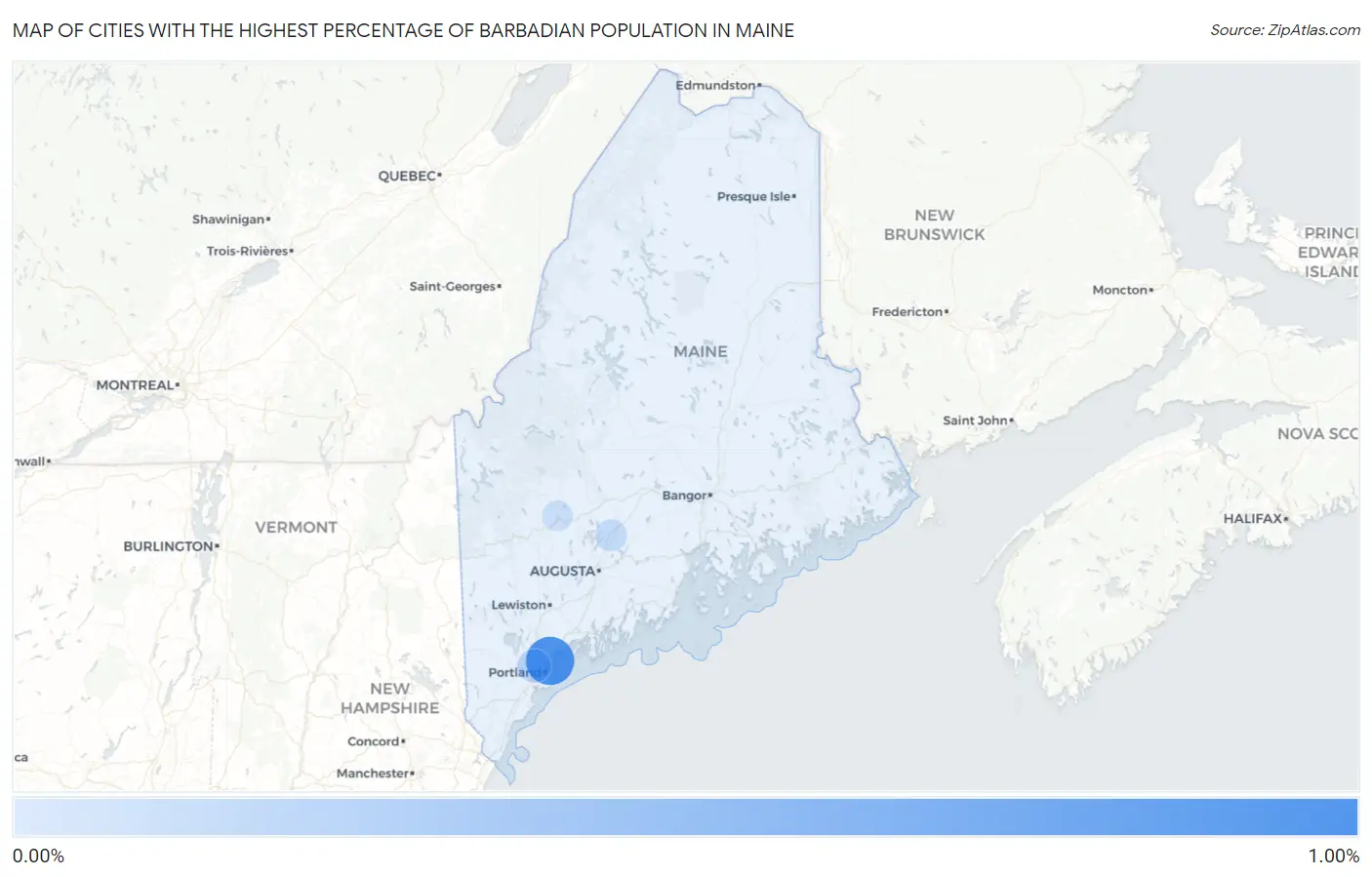Cities with the Highest Percentage of Barbadian Population in Maine Map