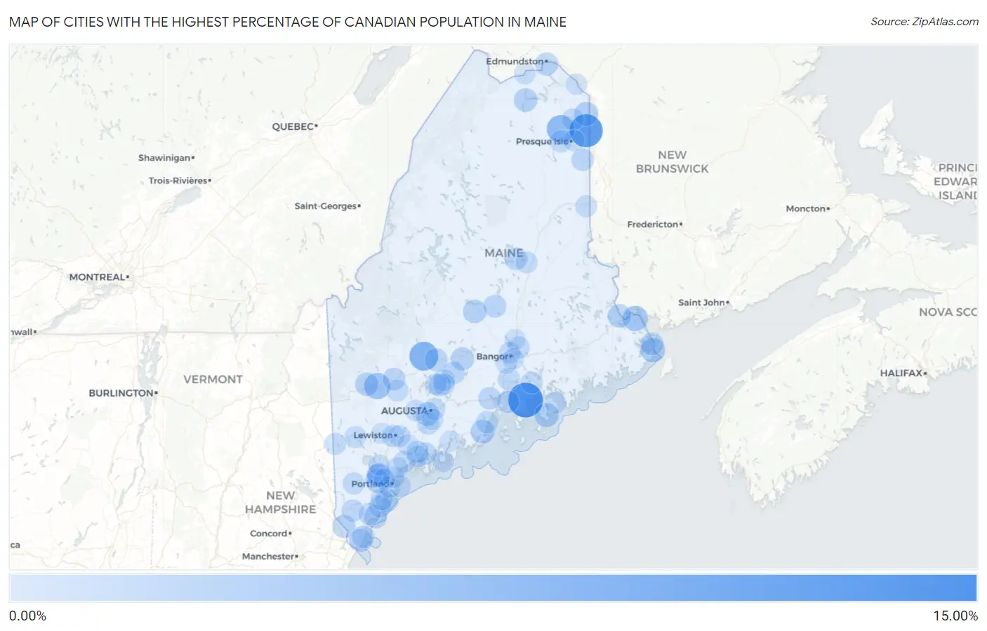 Cities with the Highest Percentage of Canadian Population in Maine Map