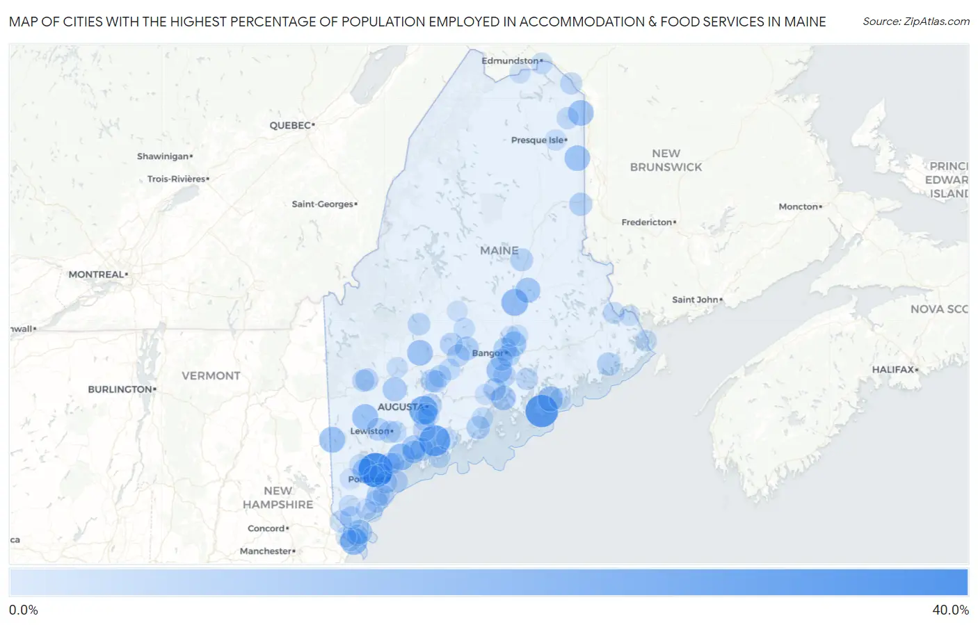 Cities with the Highest Percentage of Population Employed in Accommodation & Food Services in Maine Map