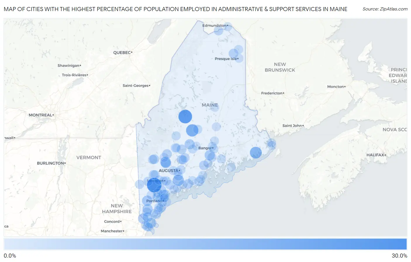 Cities with the Highest Percentage of Population Employed in Administrative & Support Services in Maine Map