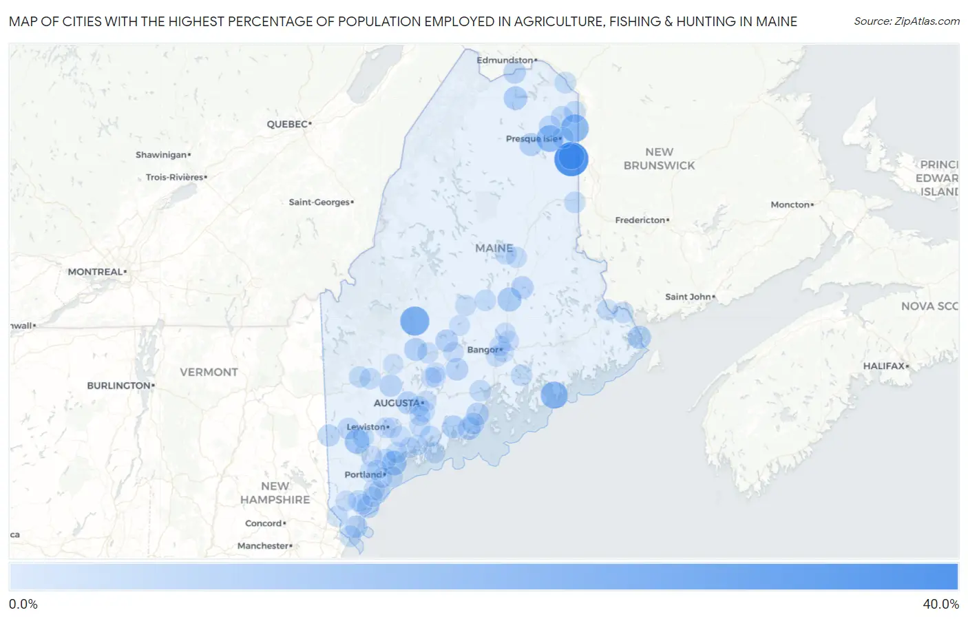 Cities with the Highest Percentage of Population Employed in Agriculture, Fishing & Hunting in Maine Map