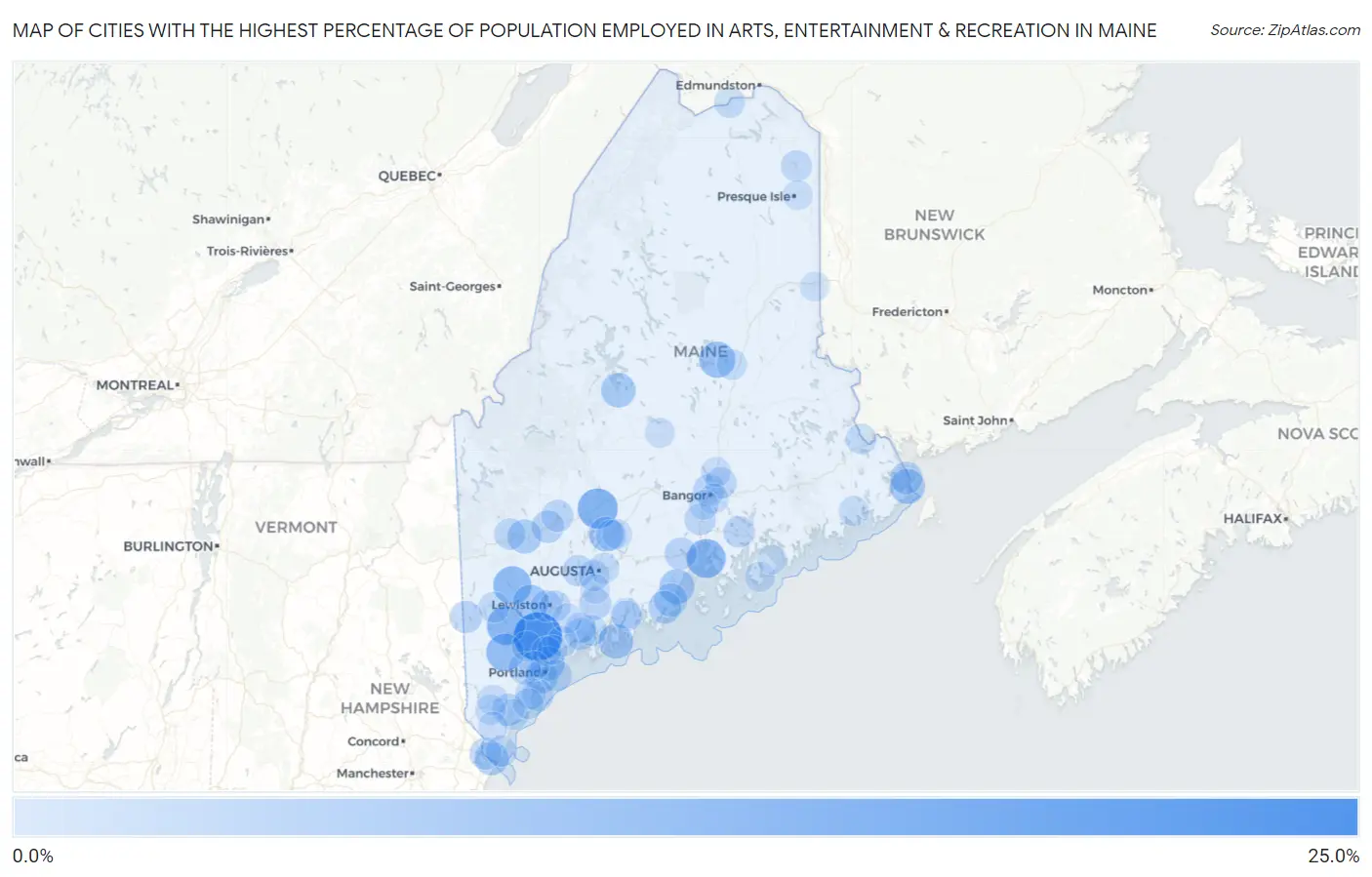 Cities with the Highest Percentage of Population Employed in Arts, Entertainment & Recreation in Maine Map
