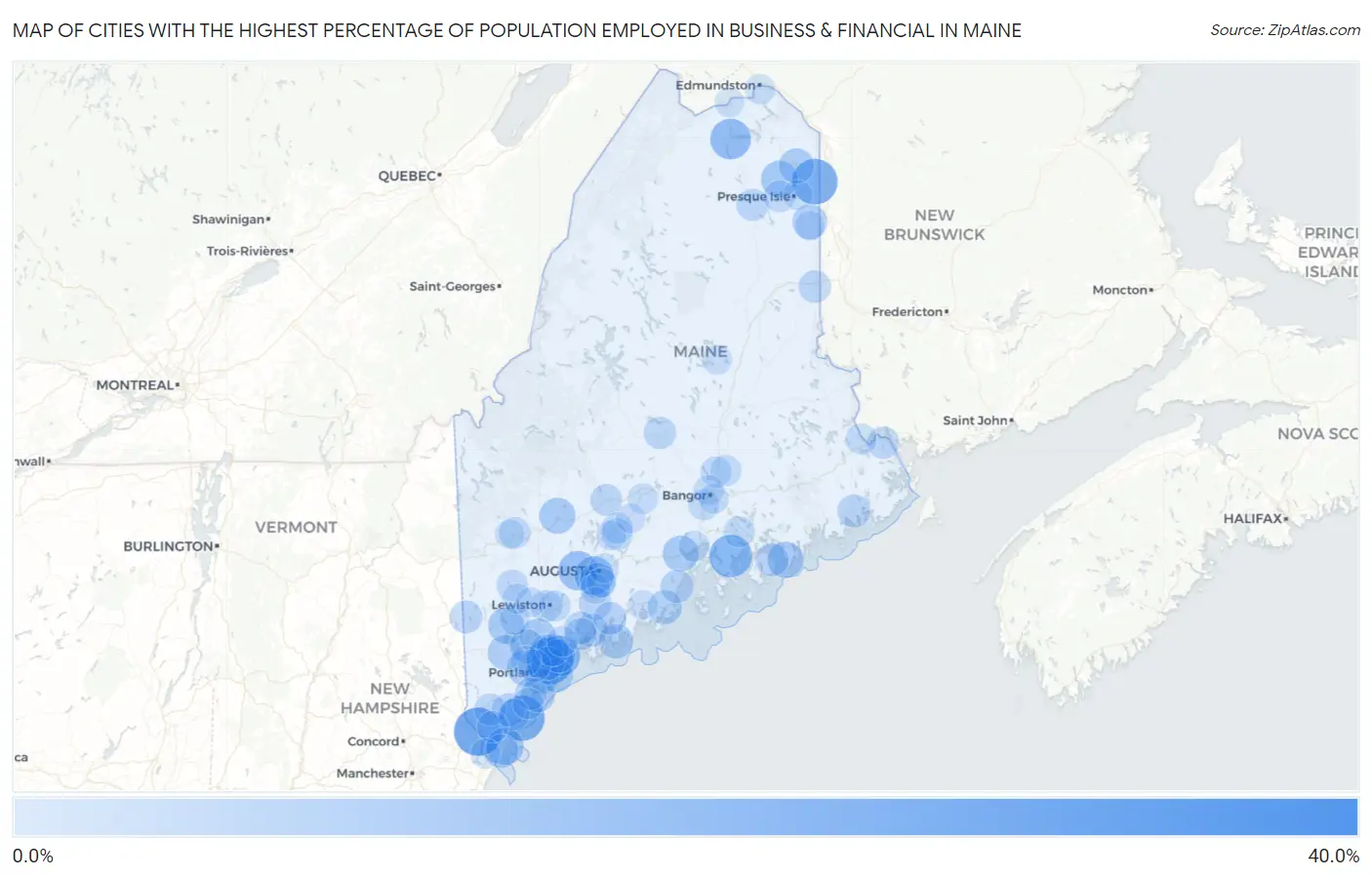 Cities with the Highest Percentage of Population Employed in Business & Financial in Maine Map