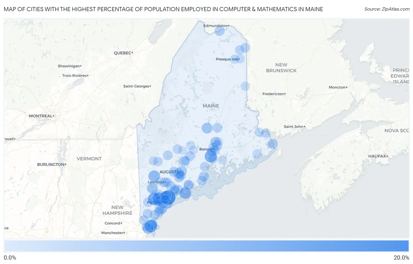 Cities with the Highest Percentage of Population Employed in Computer & Mathematics in Maine Map