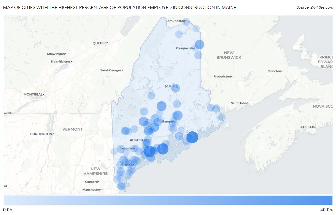 Cities with the Highest Percentage of Population Employed in Construction in Maine Map