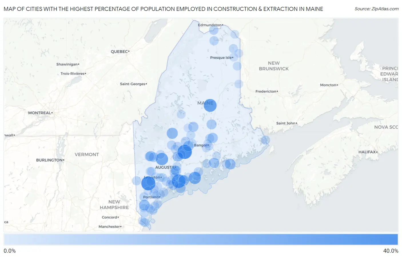 Cities with the Highest Percentage of Population Employed in Construction & Extraction in Maine Map