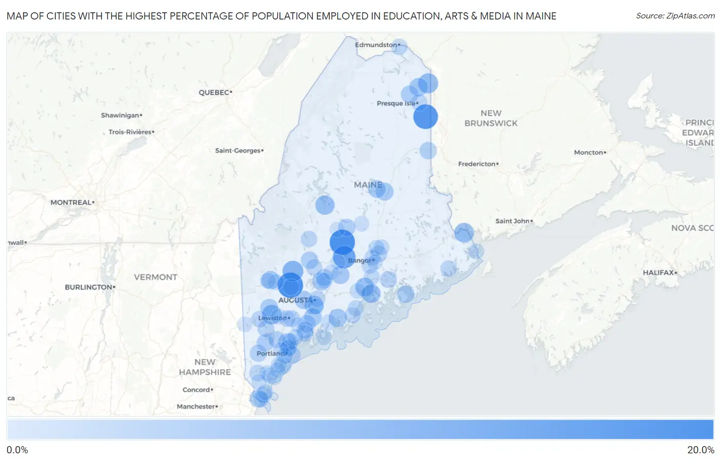 Cities with the Highest Percentage of Population Employed in Education, Arts & Media in Maine Map