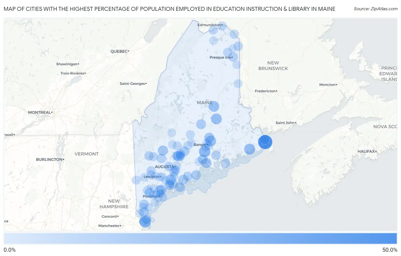 Cities with the Highest Percentage of Population Employed in Education Instruction & Library in Maine Map