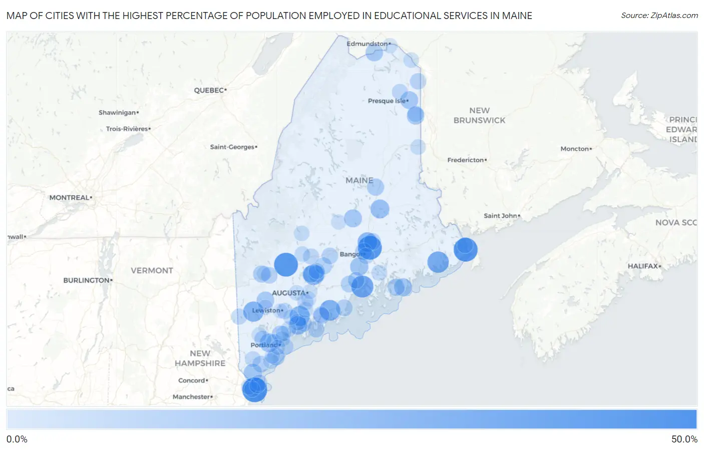 Cities with the Highest Percentage of Population Employed in Educational Services in Maine Map