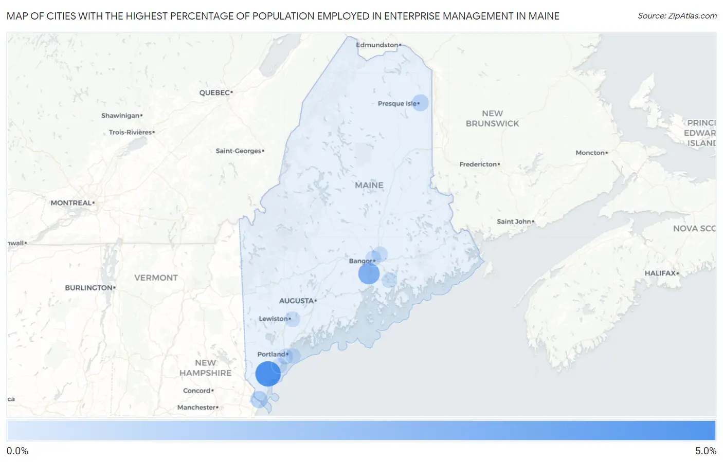 Cities with the Highest Percentage of Population Employed in Enterprise Management in Maine Map