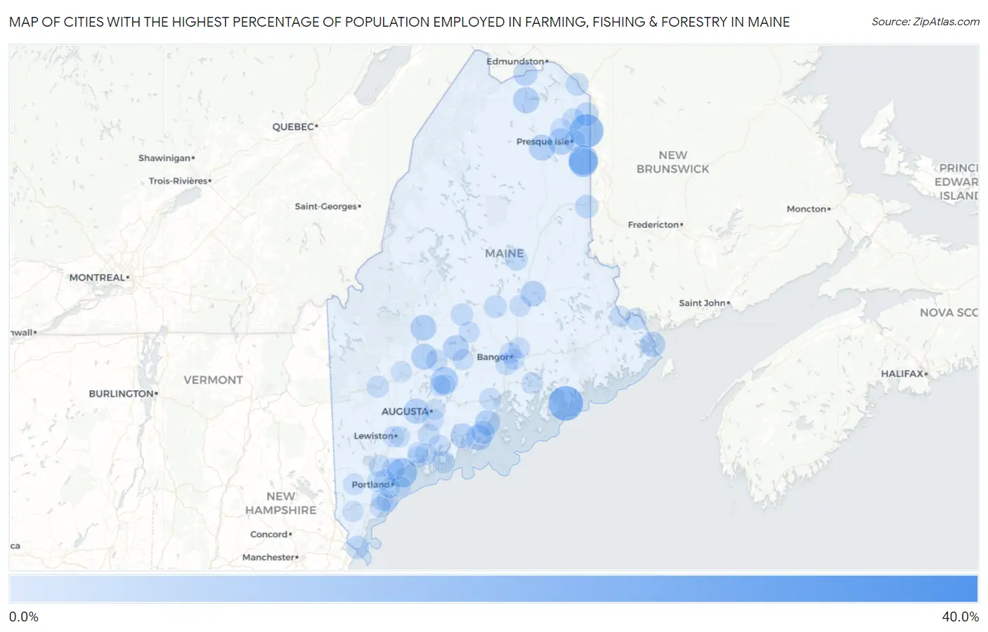 Cities with the Highest Percentage of Population Employed in Farming, Fishing & Forestry in Maine Map